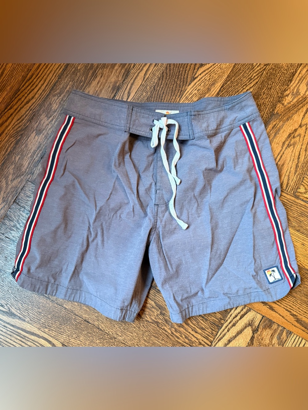 Marine Layer Gray Swim Board Shorts with Red and White Side Stripes